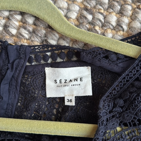 Sezane Izya Blouse Sz 36 Navy Openwork Blue - Picture 5 of 6